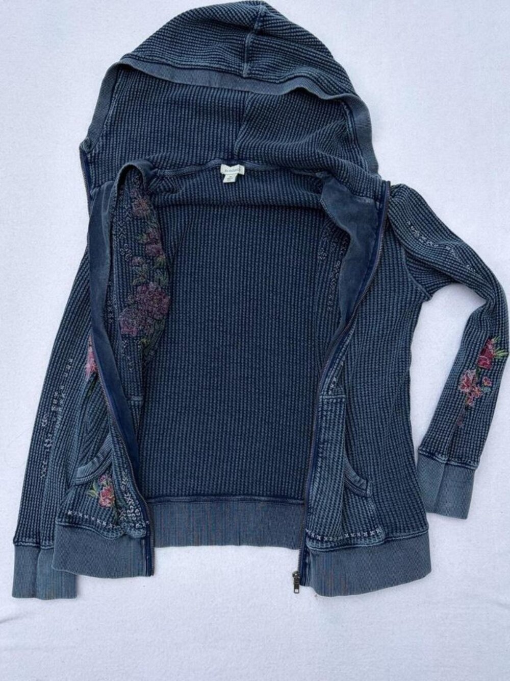 Sundance Jolene Dark Blue Floral Embroidered Waffle Knit Zip-up Sweater Sz M - Picture 2 of 8
